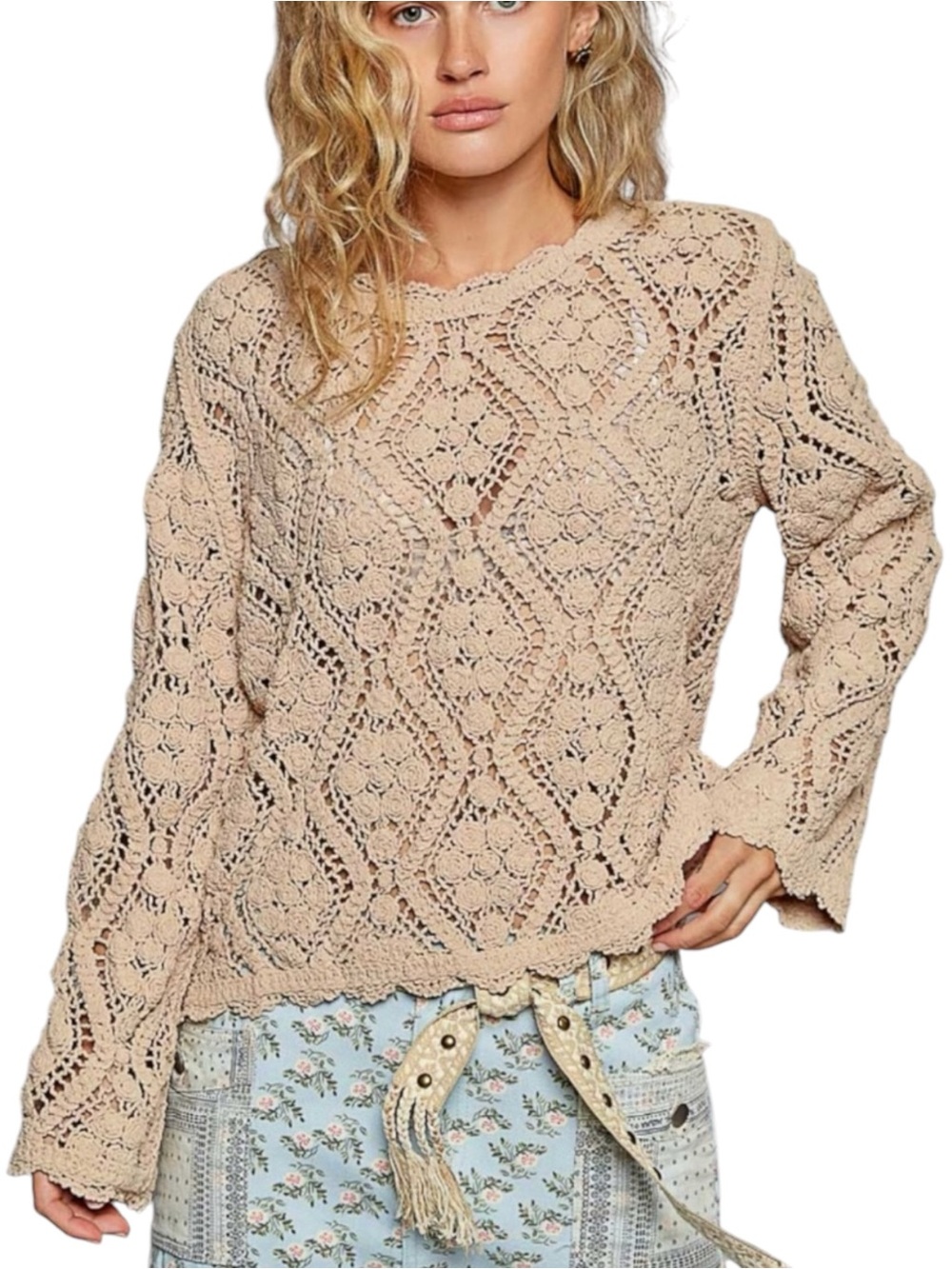 POL Lily Open Knit Crochet Sweater Mocha OS Lightweight Cotton NWT